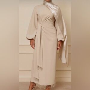 Elegant Draped Long Sleeve Maxi Dress in Soft Beige